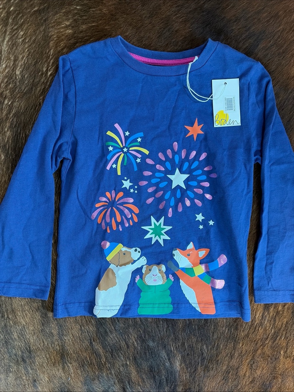 Mini Boden Long Sleeve Shirt Blue Glow In The Dark Fireworks Dog Fox Hamster 4-5